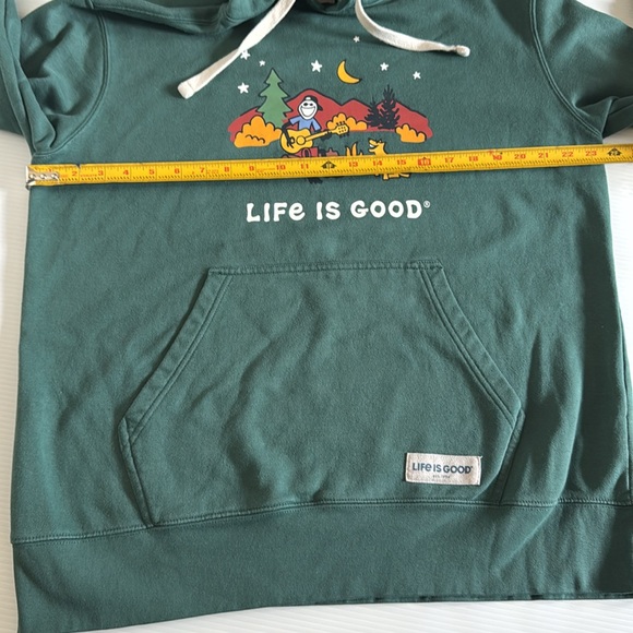 Life is Good green campfire, dog, guitar mountain scene hoodie. Men’s large - Picture 5 of 11